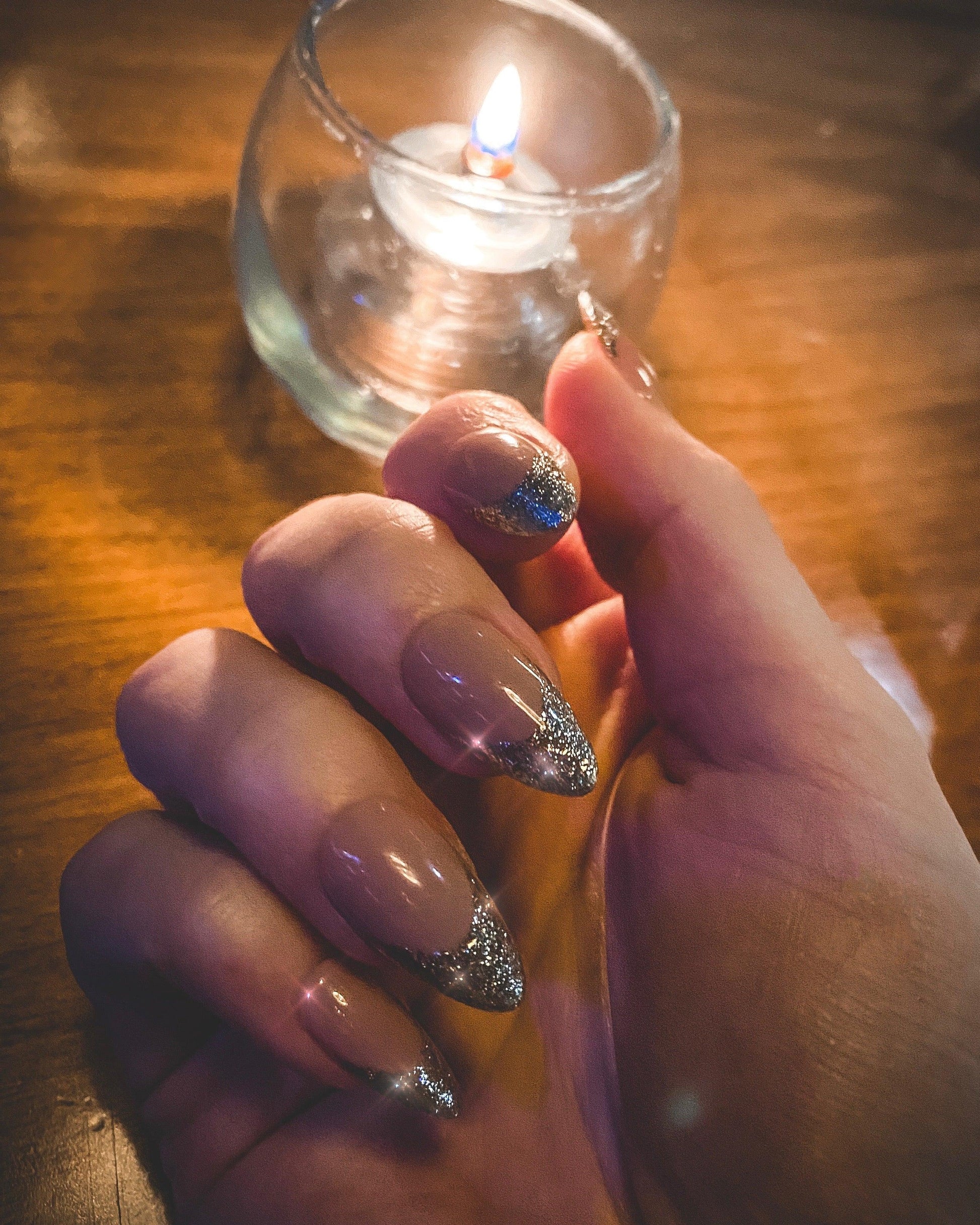 Flashy French Press on Nails | Extra Glittery French Tips with a Nude Jelly Base - FancyB Press-on Nails