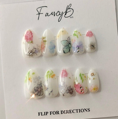 Flower Fields Press-on Nails | Floral White Nails with Butterflies and Gems - FancyB Press-on Nails