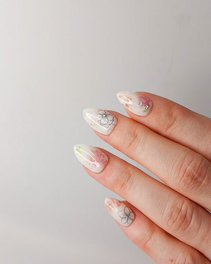 Flower Fields Press-on Nails | Floral White Nails with Butterflies and Gems - FancyB Press-on Nails