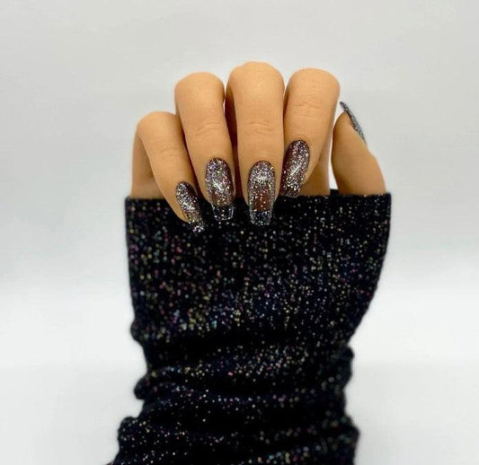 Glitter Euphoria | Ultra Glittery High Gloss Press on Nails - Black Glitter Galaxy Medium Coffin Shape