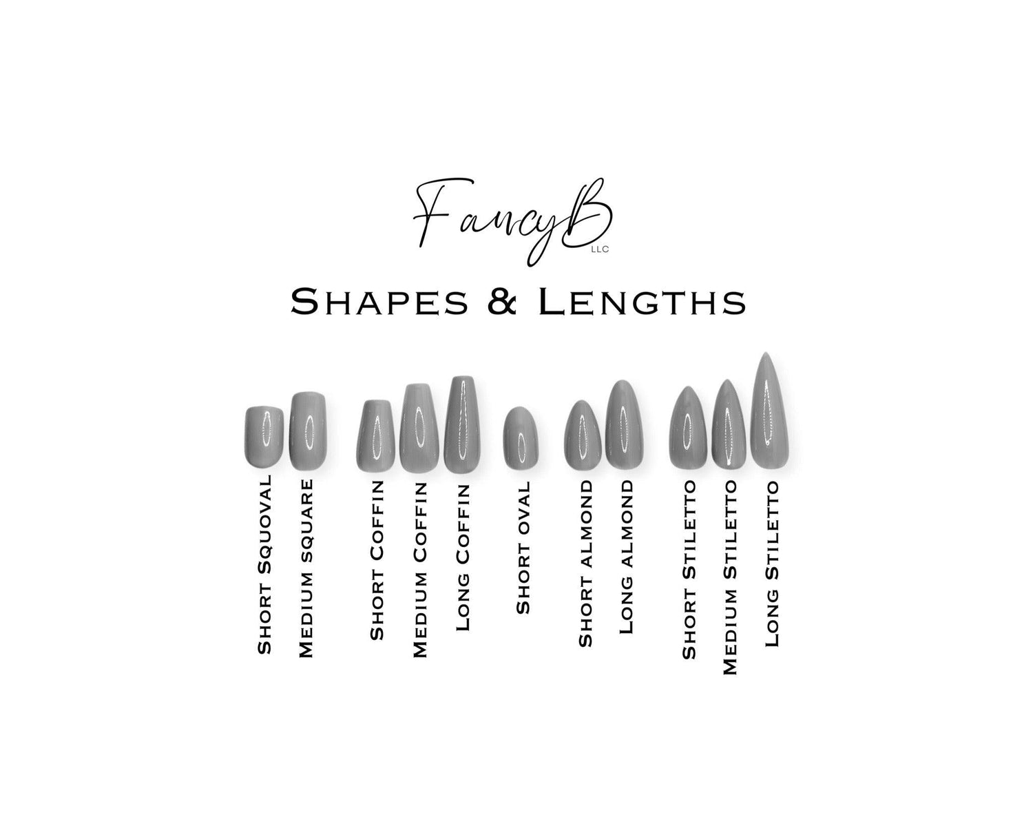 All available nail shapes. Short squoval, medium square, short coffin, medium coffin, long coffin, short oval, short almond, long almond, short stiletto, medium stiletto, and long stiletto.