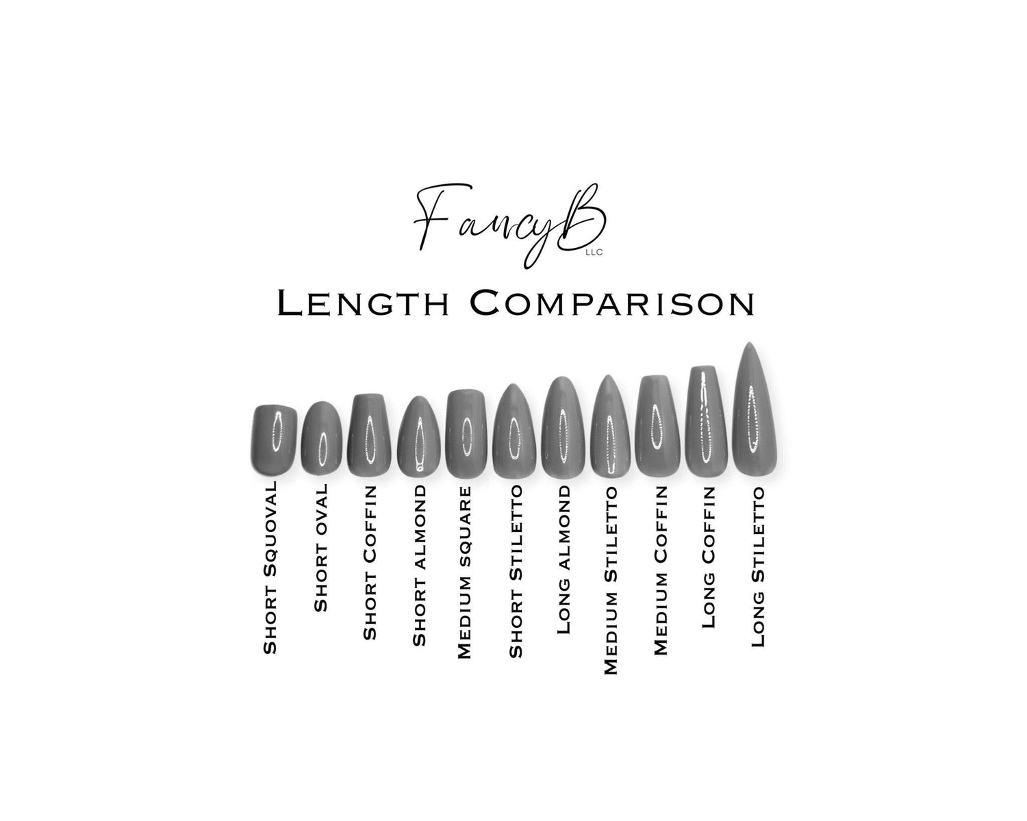 All available nail shapes. Short squoval, medium square, short coffin, medium coffin, long coffin, short oval, short almond, long almond, short stiletto, medium stiletto, and long stiletto.