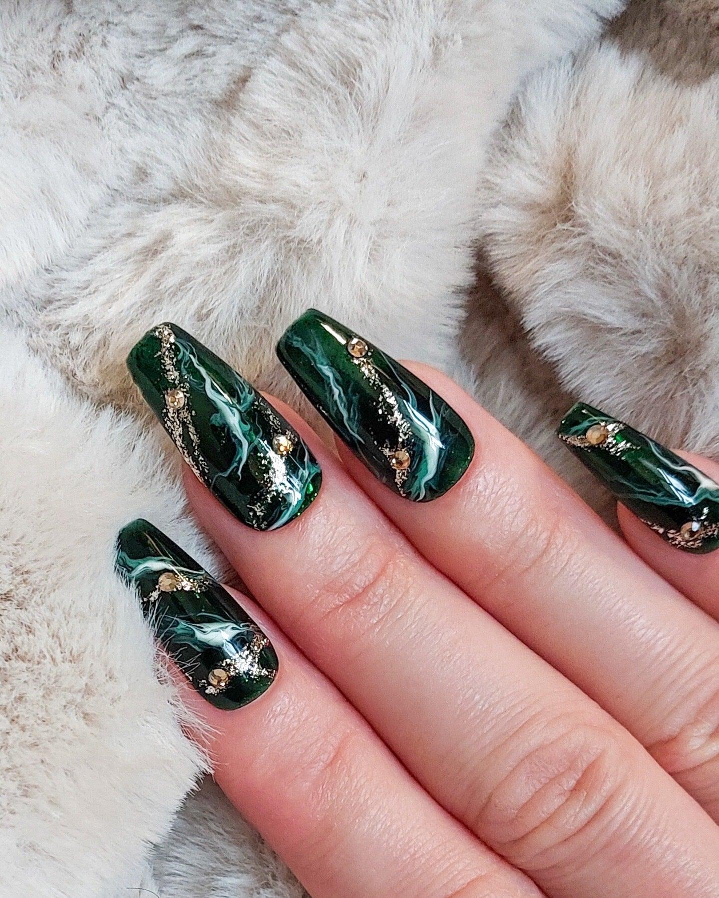 Green Marble Queen | Deep Emerald Green Press ons with Marble Designs and Glitter - FancyB Press-on Nails