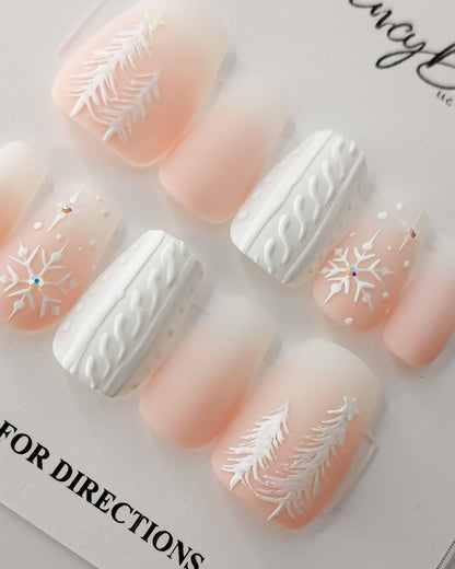Pink Snowmbré Press on Nails | Crystal Snowflakes with Pink to White Ombré in Matte Finish - FancyB Press-on Nails