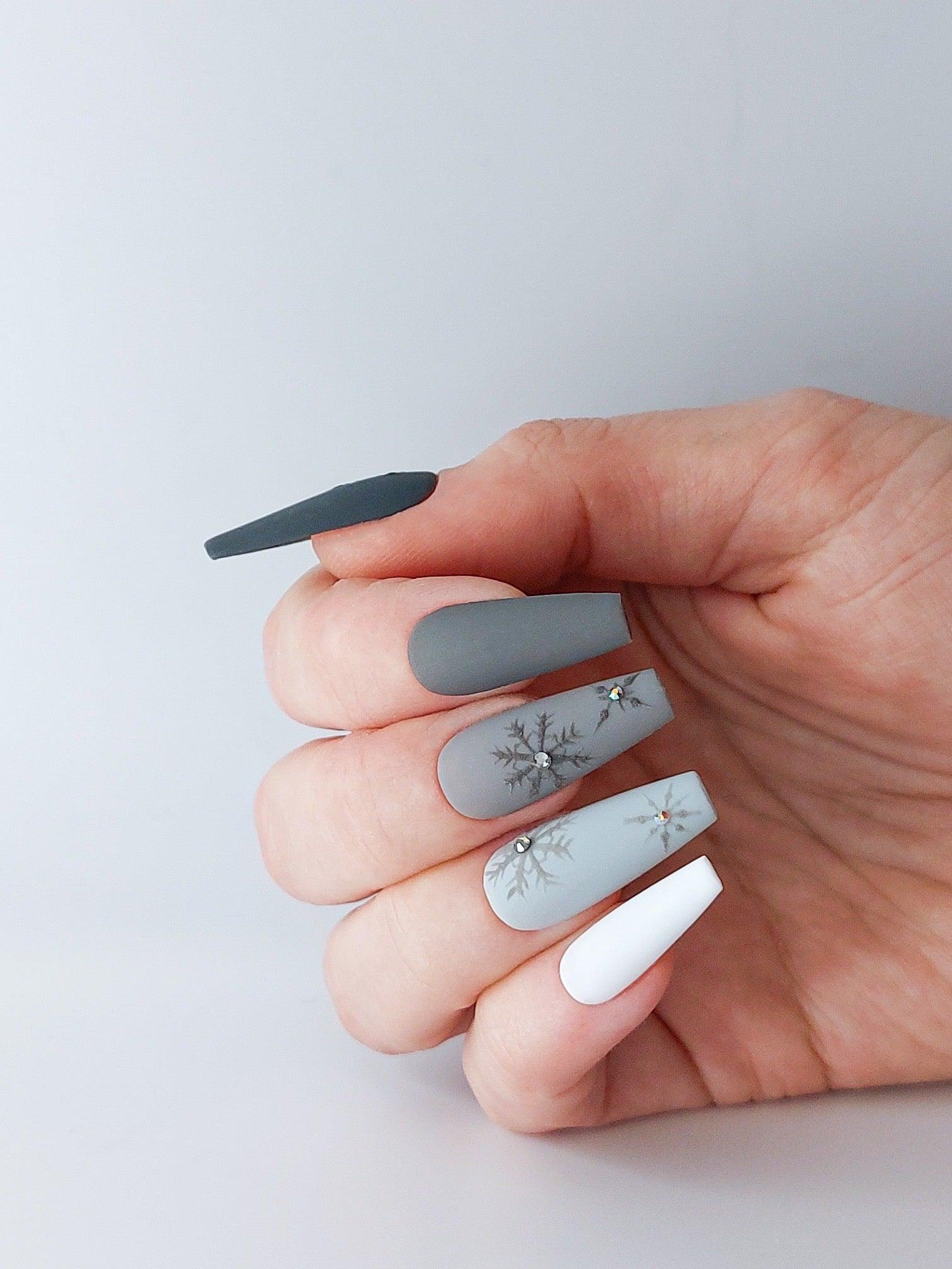 Soft Snowfall | Grey Palette Snowflake Press on Nails with Black Diamonds in Matte Finish - FancyB Press-on Nails
