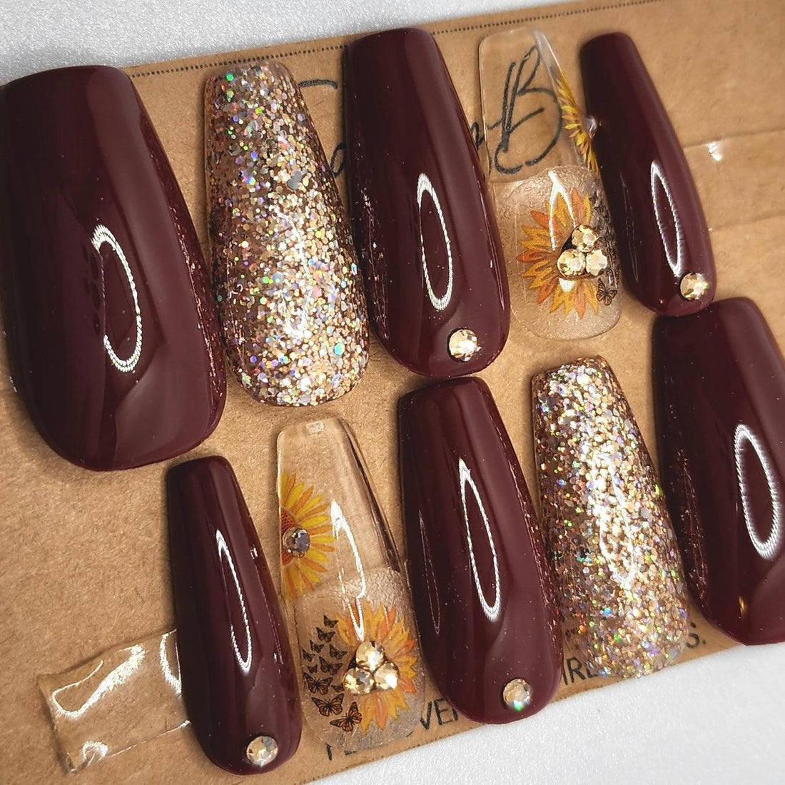 Sunflower Sunset | Trendy Fall Sunflower Design with Champagne Glitter &amp; Gems - FancyB Press-on Nails