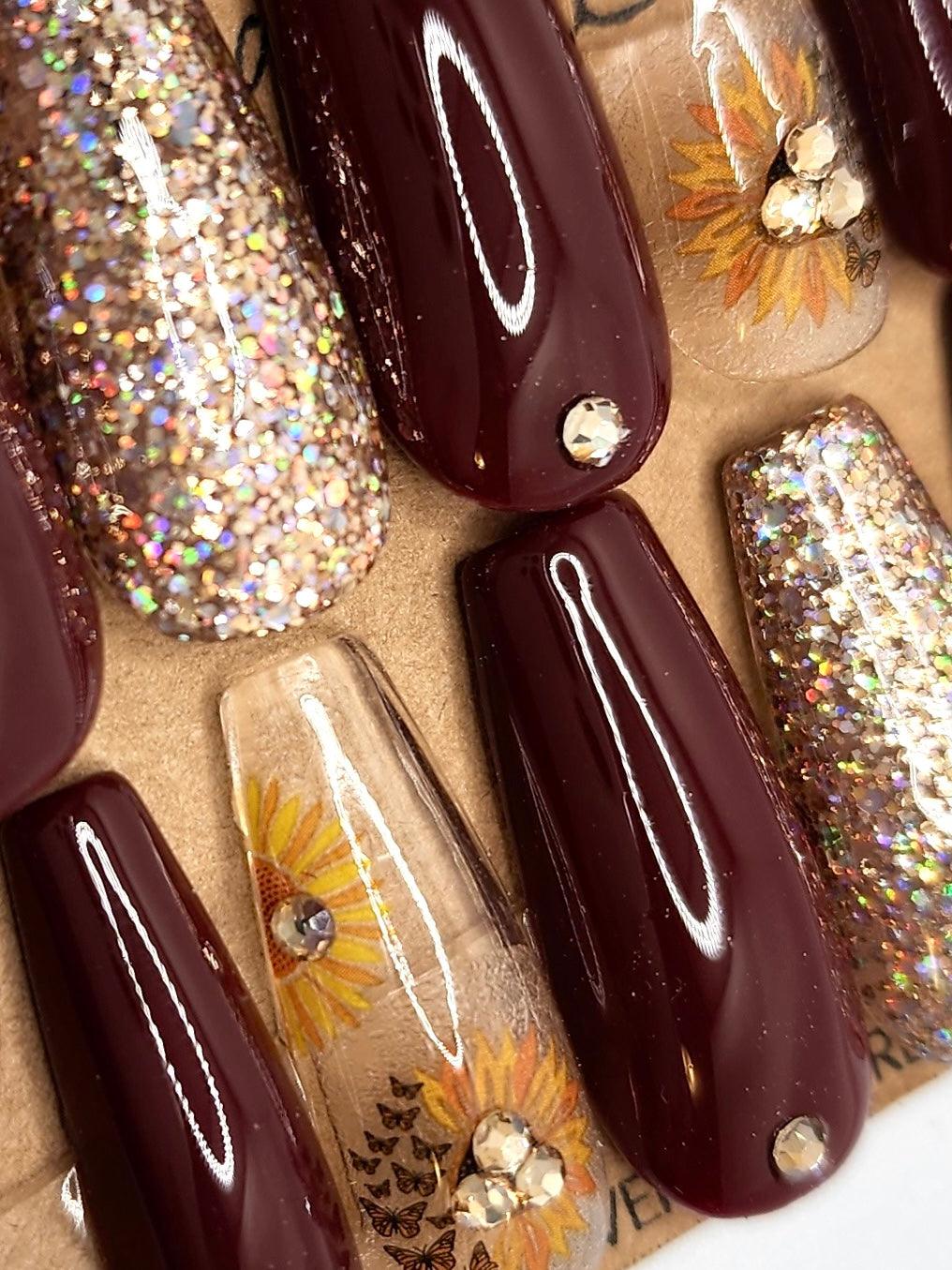 Sunflower Sunset | Trendy Fall Sunflower Design with Champagne Glitter &amp; Gems - FancyB Press-on Nails